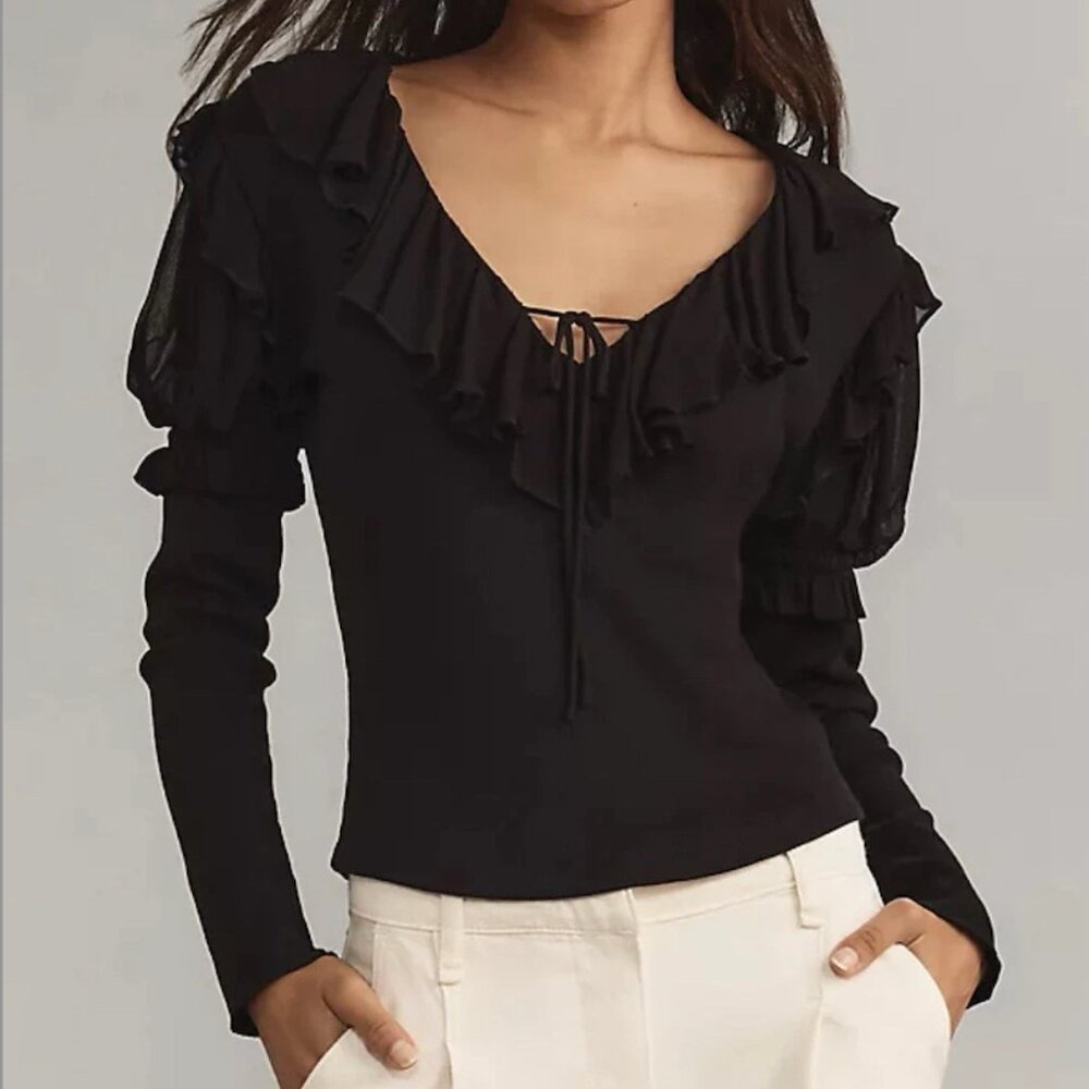 BY ANTHROPOLOGIE Long-Sleeve Ruffle Top Women's Size XS Black